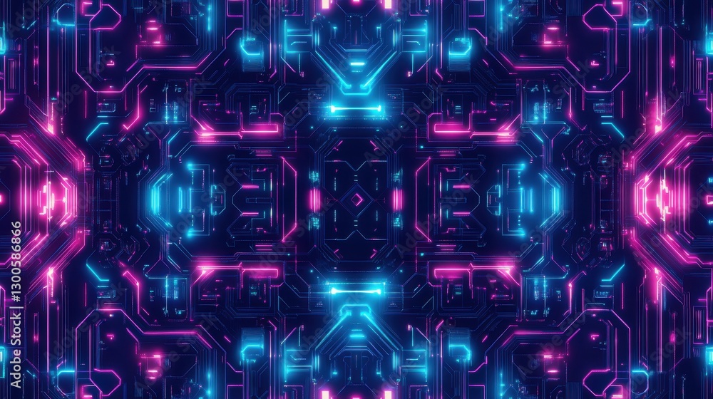 Leinwandbilder Energizing geometric pattern featuring neon circuits and vibrant hues in an abstract cyberpunk style for digital design and backgrounds