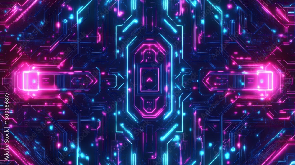 Poster cybernetic tapestry exemplifying seamless patterns with vibrant neon circuits, radiating electric en