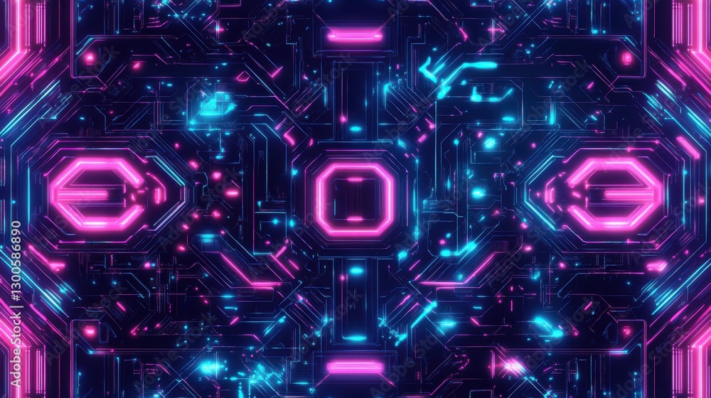 Poster intricate cyberpunk pattern featuring neon circuits and glowing wires, ideal for futuristic designs 