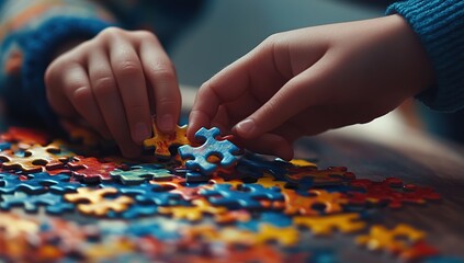 Children's Hands Assembling Colorful Jigsaw Puzzle Pieces