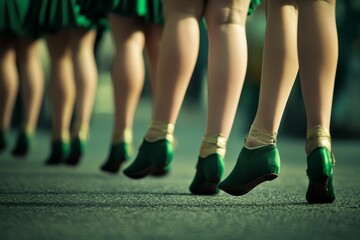 Dancers wearing green shoes standing in a line ready for