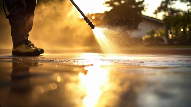 Man power washing concrete driveway with electric pressure washer in sunny suburban morning. Concept Home Maintenance, Pressure Washing, Driveway Cleaning, Outdoor Chores, Morning Routine