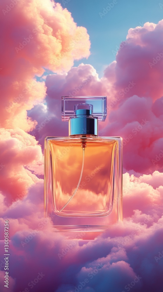 Poster elegant perfume bottle rises majestically against a dreamy backdrop of soft pink clouds, capturing t
