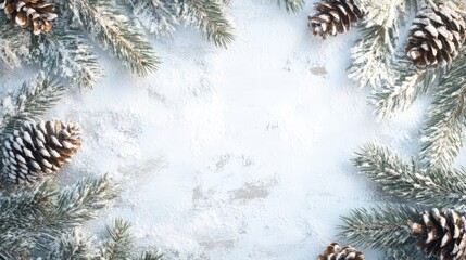 Winter background with space for text. Wooden snowy white background with fir branches and pine cones. Christmas and New Year