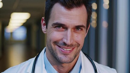 Doctor in hospital corridor smiles warmly, expressing confidence and positivity while wearing a stethoscope