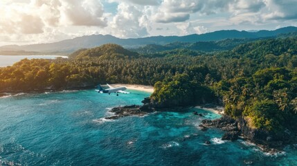 Fototapeta premium A beautiful beach with a small plane flying over it