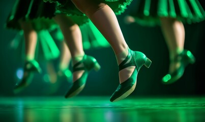 Dancers wearing green shoes perform a lively Irish step dance.