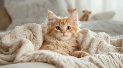 A fluffy orange cat is laying on a bed with a blanket