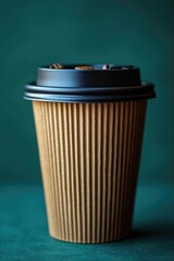 Close-up of a textured coffee cup filled with beans against a dark green background