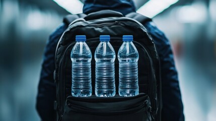 Water bottle lifestyle shot urban environment backpack close-up view hydration concept