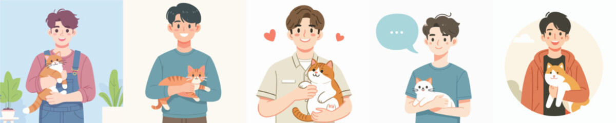 vector of young man character holding a cat
