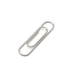 Single paperclip lying on a white background