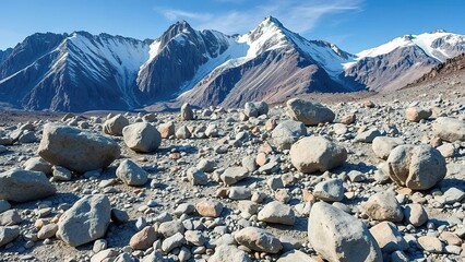 Obraz premium Boulders and rocks scattered across the Grand Jorasses plateau, mountains, natural formations
