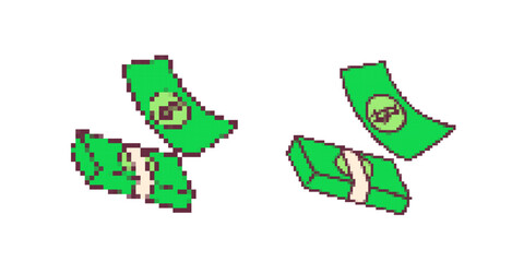 Bright green pixel art dollar bills and bundles with stylized dollar signs in a playful style.