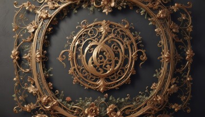 Fototapeta premium Classic calligraphic shield with ornate florals and swirling vines , baroque style, black and white illustrations, filigree