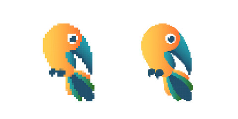 Two parrots in pixel art style showcase bright colors and dynamic design. simple, eye-catching look.
