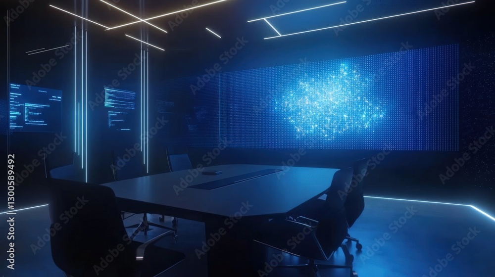 Poster futuristic conference room showing global network connections and data analysis on a large screen, w