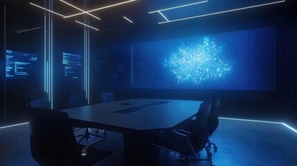 Futuristic conference room showing global network connections and data analysis on a large screen, with computer code displayed on smaller screens, creating a high tech atmosphere