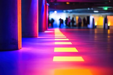 Event floor markers in minimal style with leading lines composition overhead lighting and negative space