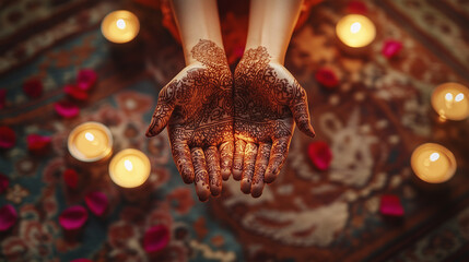 Obraz premium Mehndi, hands and feet decorated with henna floral and paisley motifs in beautiful dark brown, surrounded by small candles and rose petals, ai generated images.
