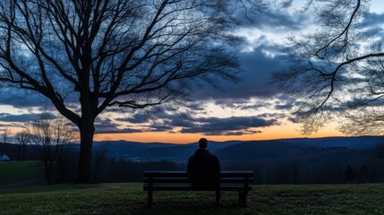 Obraz premium Solitary teenager sitting on park bench gazing at distant sunset, surrounded by empty space, symbolizing isolation and introspection. Youthful reflection and emotional solitude concept. 