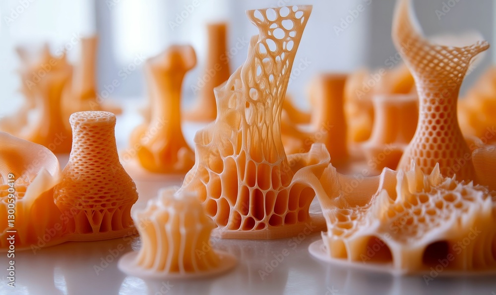 Poster 3d printed orange objects showcasing intricate geometric designs and structures.