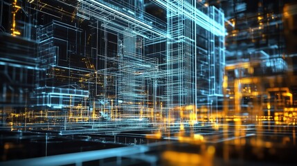 Obraz premium A Futuristic Cityscape Of Glowing Blue And Gold Lines, A Vibrant Digital Metropolis Shimmering With Energy And Innovation In A Dark, Reflective Landscape