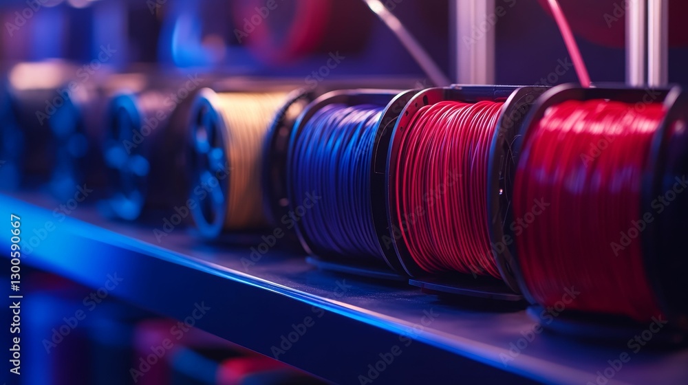 Poster spools of colored 3d printing filament arranged neatly.