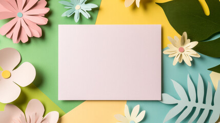 A collection of paper flowers in pink, white, and yellow frames a blank card resting on a playful mix of green and yellow backgrounds, evoking creativity and invitation for personal messages