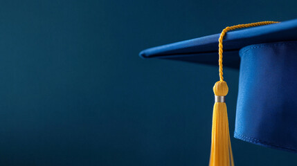 Cap with a blue canvas top adorned with a yellow tassel rests against a dark blue background, symbolizing achievement and the festive spirit of graduation ceremonies