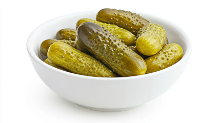 Assorted pickles sit in a white bowl, displaying their glossy skins and distinct shapes. These pickles vary in color from bright green to darker tones, perfect for adding flavor to meals