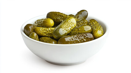 A white bowl filled with freshly pickled cucumbers showcases their vibrant green colors. Ideal for serving at outdoor gatherings, these crunchy vegetables add zest to any meal or snack