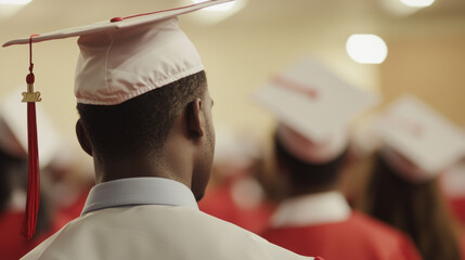 Students in red caps and gowns stand together in a venue, focused on the speaker ahead. The atmosphere is filled with excitement and anticipation for the graduation ceremony