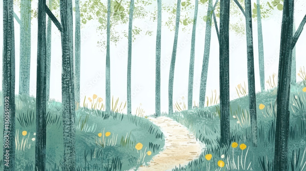 Poster a drawing of a forest with a path through it