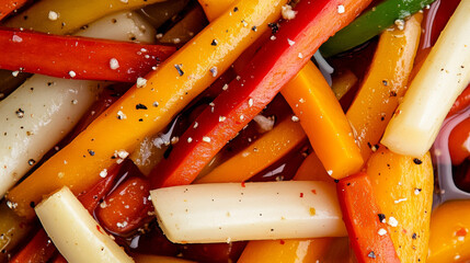 Freshly sliced bell peppers and julienned carrots are mixed together in a vibrant stir-fry