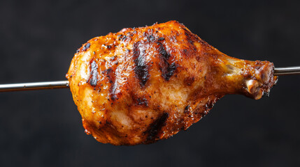 A perfectly grilled chicken leg sits on a skewer, displaying an appetizing golden-brown color and grill marks. The backdrop creates a focused and inviting atmosphere for food enthusiasts