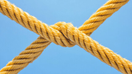 A bright yellow rope is tied in a secure knot, intersecting across a vibrant blue sky. The image highlights the intricacy of the knot and the strength of the material used in outdoor activities