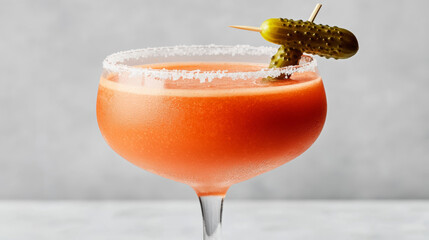 A vibrant cocktail features a bright red hue, rimmed with salt and garnished with a pickle. The drink captures attention with its bold color and unique presentation
