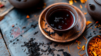 A wooden cup filled with steaming tea sits on a round plate surrounded by various dried herbs and flowers on a textured wooden table, showcasing a cozy atmosphere for tea lovers