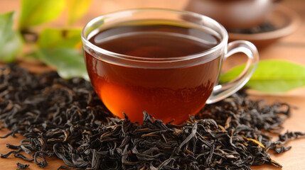 A clear cup filled with dark, rich black tea sits on a wooden surface