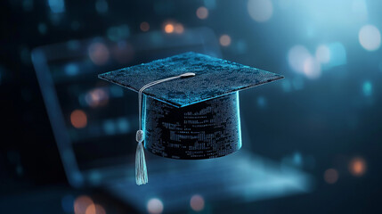 A graduation cap floats above a glowing laptop, symbolizing online education and academic success in a digital age