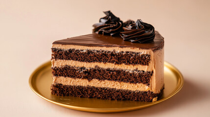 A decadent chocolate cake features multiple layers of rich chocolate sponge and creamy frosting, elegantly topped with dark chocolate swirls, presented on a golden plate for a special occasion