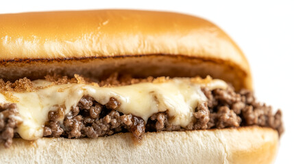Savory ground beef is combined with melted cheese and served in a soft, golden bun. The close-up showcases the mouthwatering filling, highlighting its rich texture and appetizing appearance