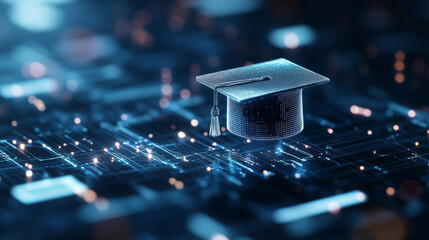 A digital graduation cap hovers above a glowing grid of binary codes, symbolizing advancements in education and technology as day transitions to night in a futuristic setting filled with light