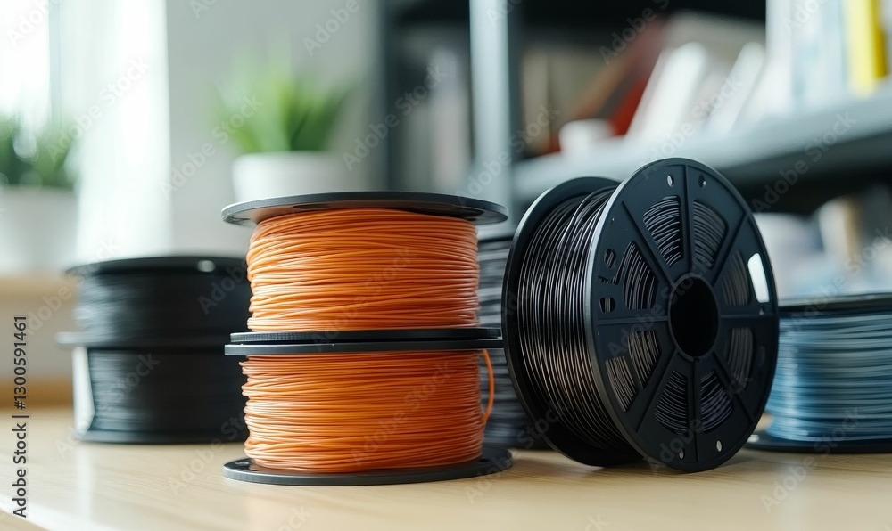 Poster 3d printer filament spools in varying colors on display.
