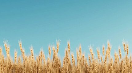A vast field of golden wheat sways gently in the breeze beneath a clear blue sky. The scene captures the essence of harvest season in rural farmland, showcasing the natural beauty of agriculture