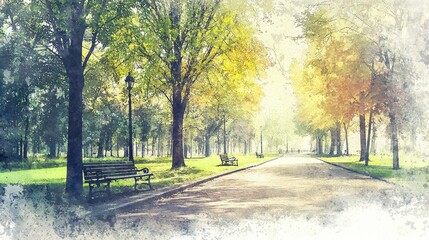 Obraz premium A park with a path and benches