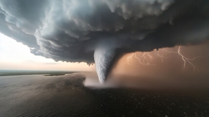 A massive tornado forms over the water, connected to dark storm clouds while lightning illuminates the sky. The scene captures the raw power and intensity of a severe weather event at dusk