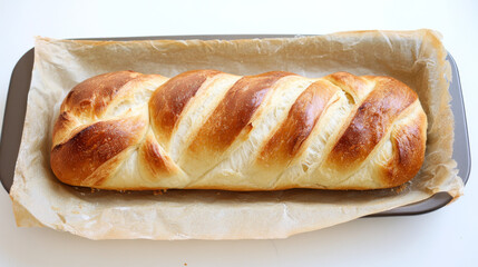 A beautifully braided loaf of bread cools on a parchment-lined baking tray. The golden crust showcases a perfectly baked texture, inviting anyone nearby to enjoy its fresh aroma