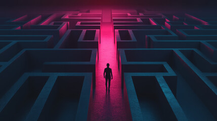 A lone figure walks through a complex maze, surrounded by high walls that reflect the striking pink and blue lights. The atmosphere is mysterious and captivating, hinting at exploration and discovery